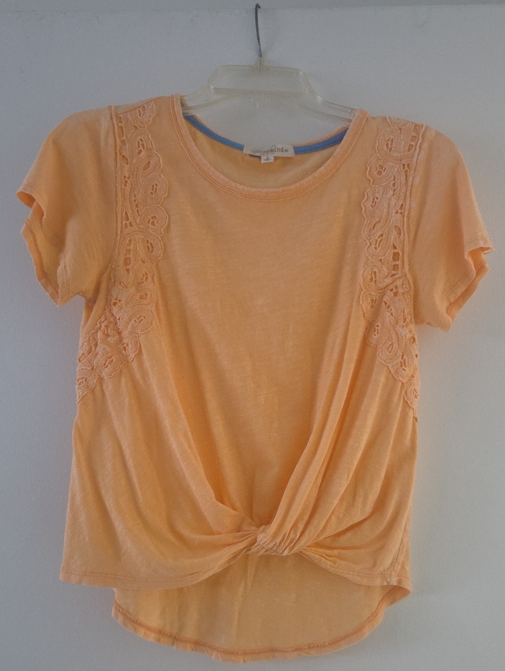 Rewind Peach Lace-Trim Knot Front Short Sleeve Tee